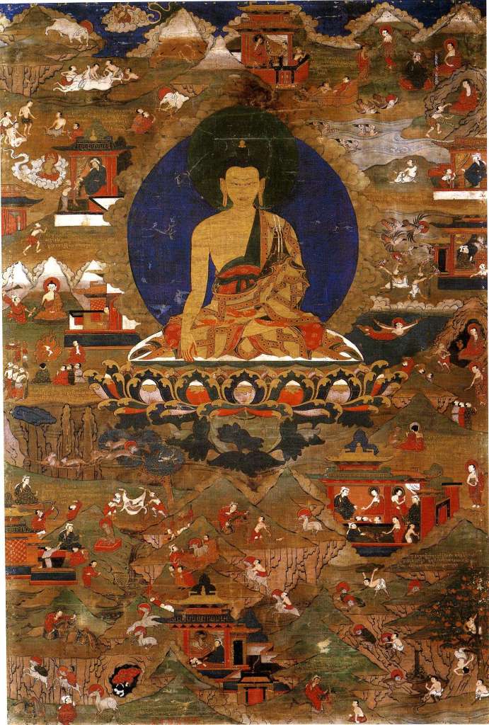 British Museum Top 20 Buddhism 15-1 Buddha With Scenes Of His Former Lives Tangka 15. Shakyamuni Buddha With Scenes Of His Former Lives Tangka � Tibet, around 1600, 71 x 48 cm. The British Museum has many artifacts that are not on display, like this one. Seated slightly higher than midway, Shakyamuni Buddha is shown in his normal earth witness mudra. Starting at the top left corner are ten of his former lives, or jatakas: Skuddabodhi, Mahahamsa, Mahabodhi, Great Ape, Skarabha Deer, Ruru Deer, Monkey King, Kshantivada, Brahma, and White Elephant. Photo � Marilyn Rhie and Robert Thurman: The Sacred Art Of Tibet.